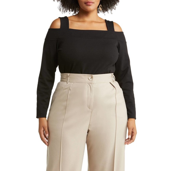 Halogen Womens Cold Shoulder Top Medium Black Stretch Longsleeve Square Neck - Picture 1 of 9